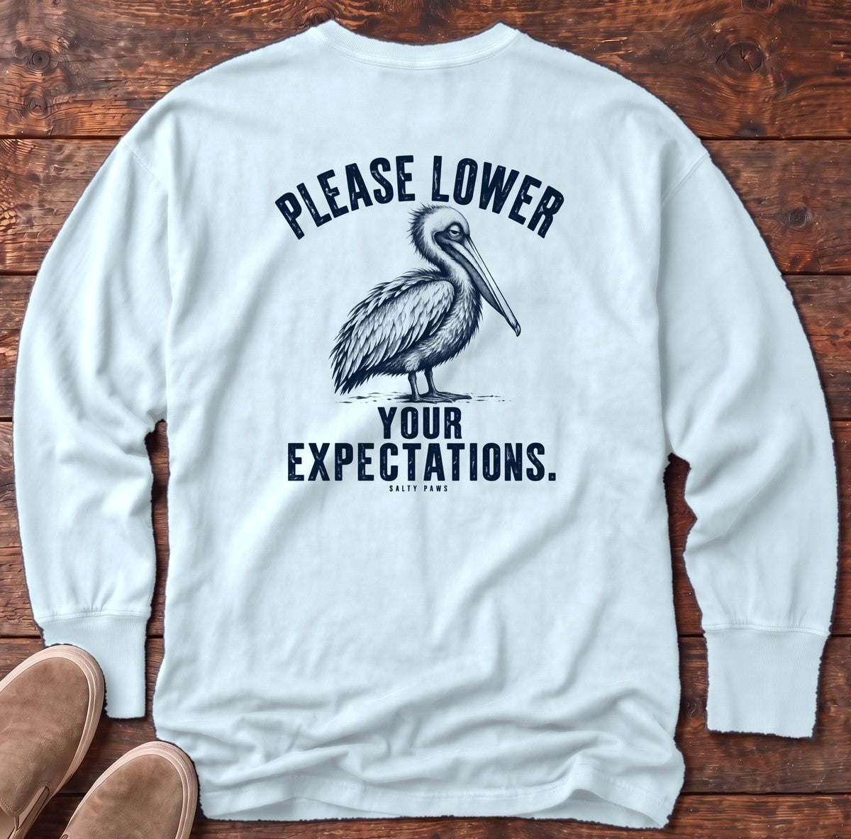 Please Lower Your Expectations Pelican Back Design Long Sleeve Tee in Chambray, Salty Paws Comfort Colors Long Sleeve Tee, back design flat lay