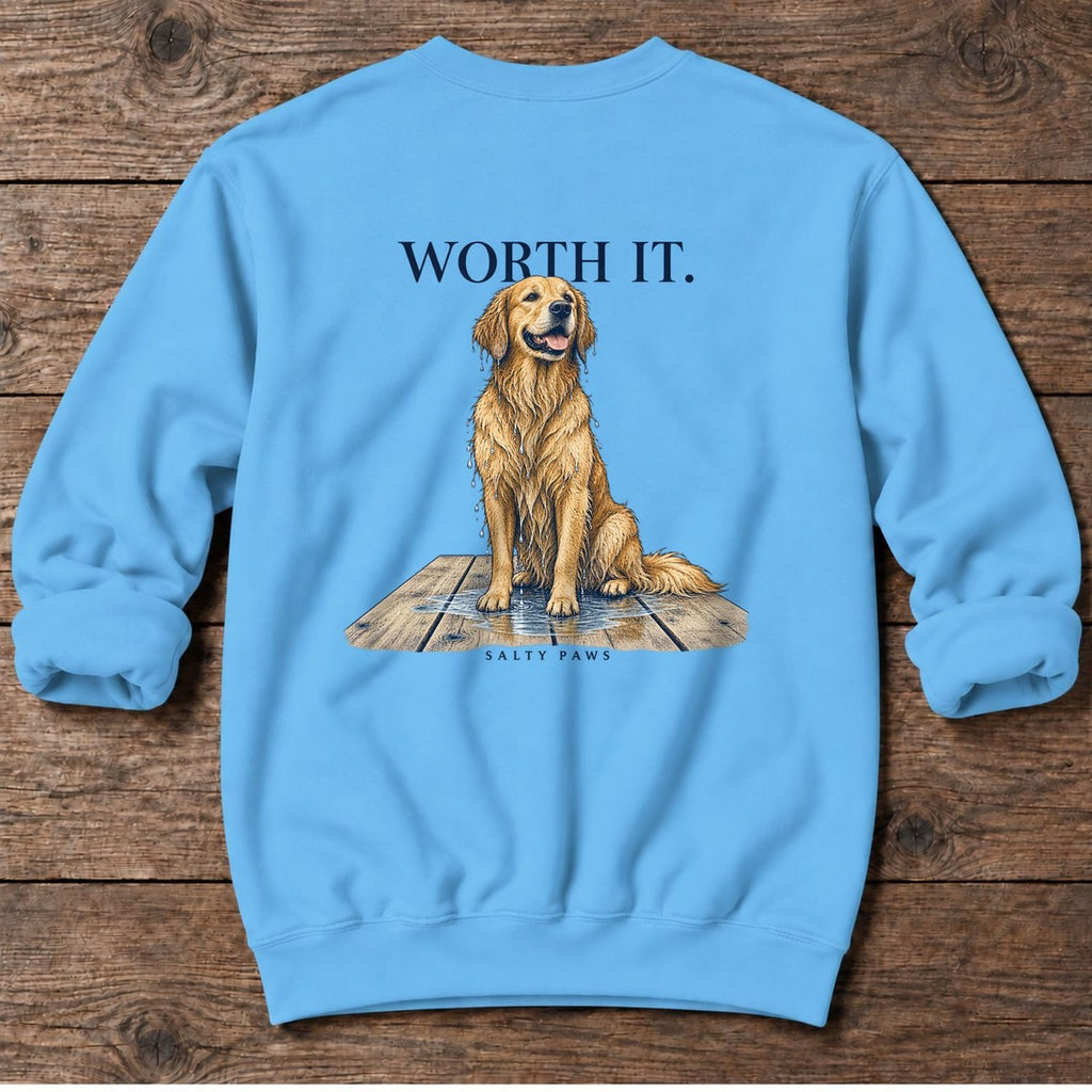Worth It Wet Golden Retriever Back Design Midweight Sweatshirt in Sky, Salty Paws Midweight Sweatshirt, back design flat lay