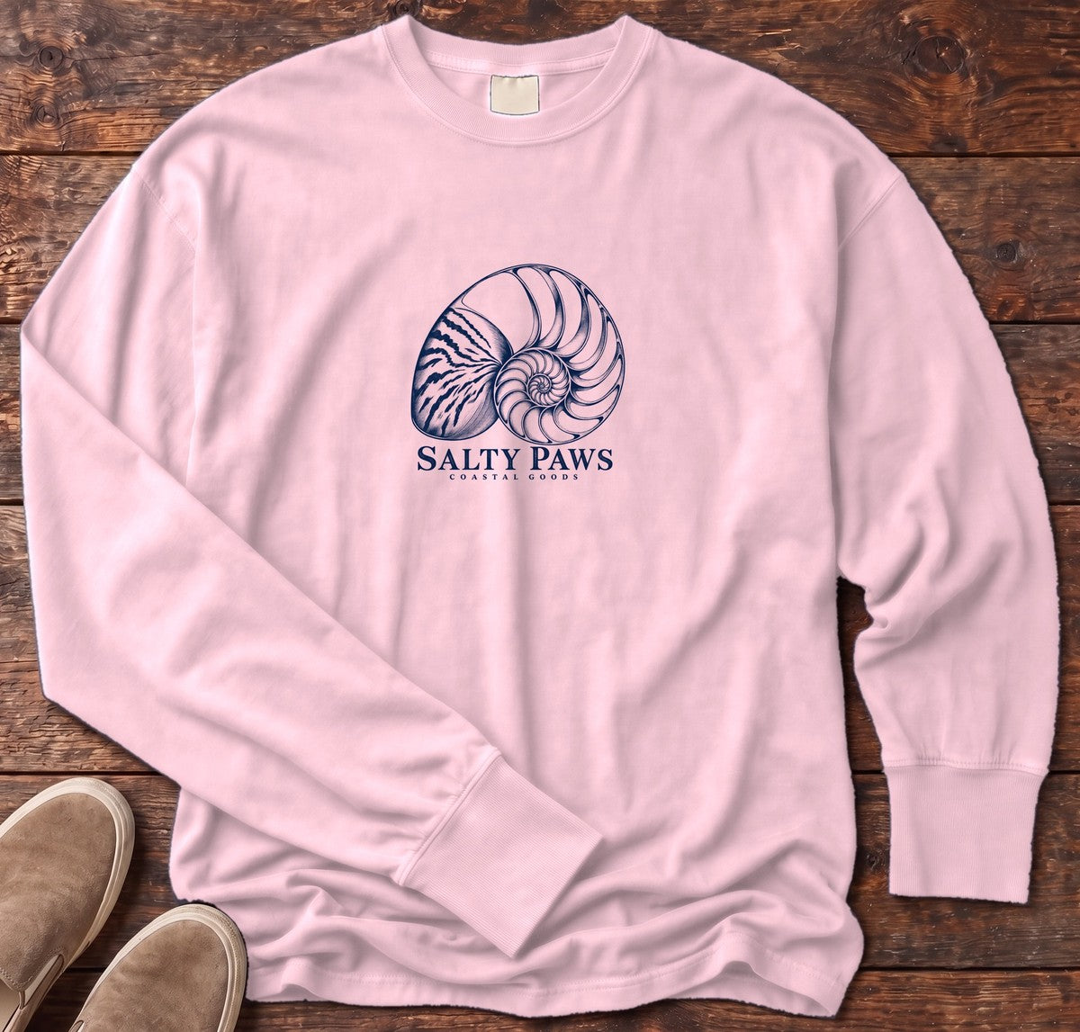 Nautilus Shell Long Sleeve Tee in Blossom, Salty Paws Comfort Colors Long Sleeve Tee, front design flat lay