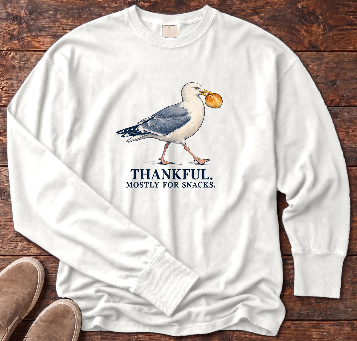 Thankful Mostly for Snacks Seagull Long Sleeve Tee in White, Salty Paws Comfort Colors Long Sleeve Tee, front design flat lay