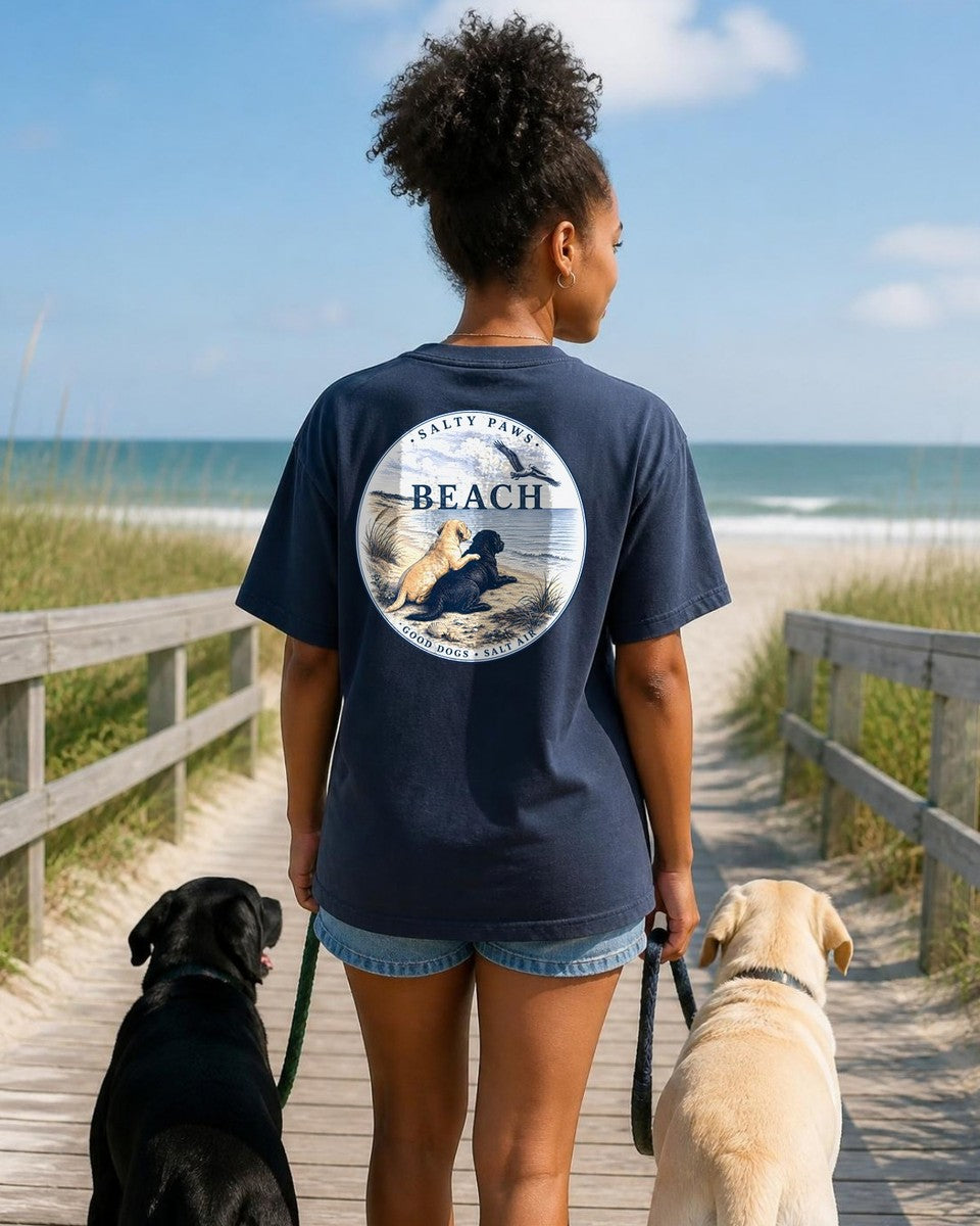BEACH Pelican Labradors Comfort Colors T-Shirt in True Navy, worn by a model