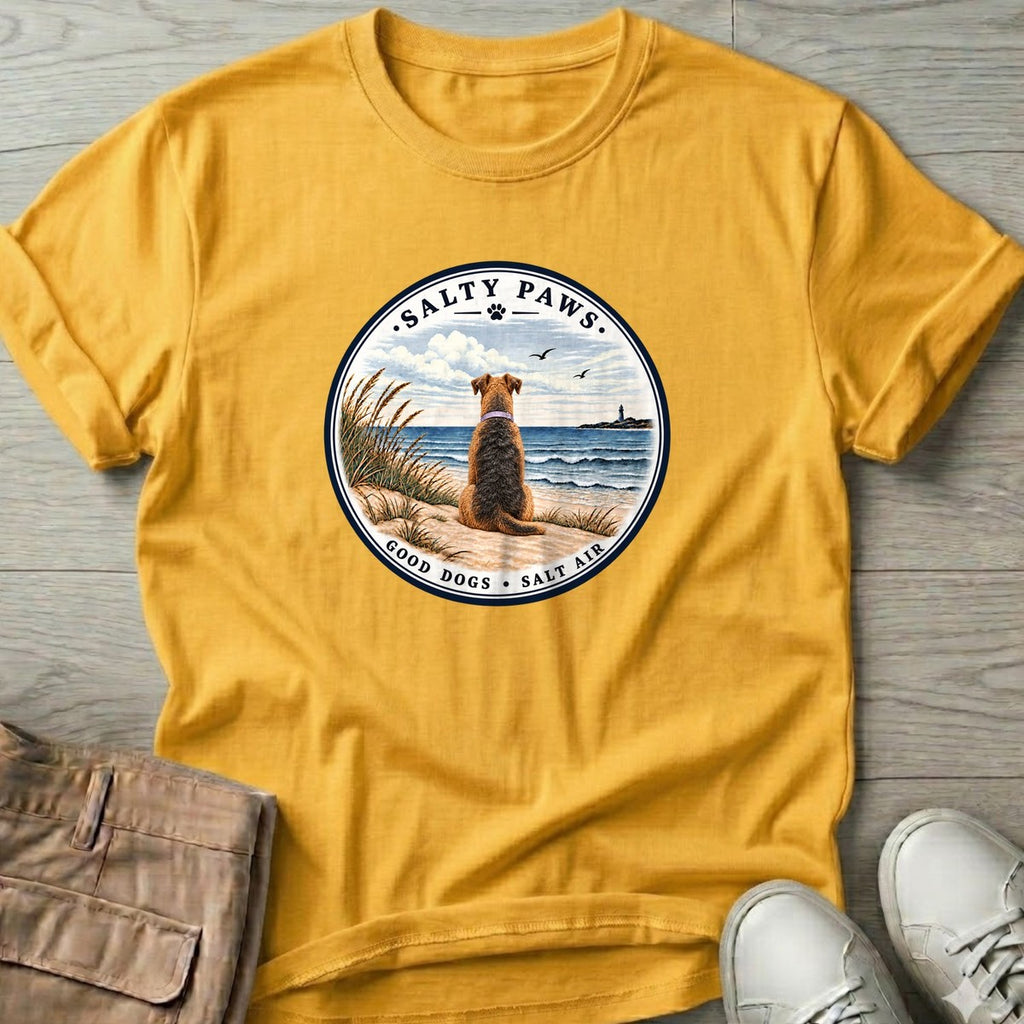 Good Dogs Salt Air Airedale T-Shirt in Daisy, Salty Paws T-Shirt, front design flat lay