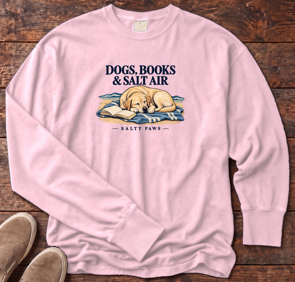 Dogs, Books & Salt Air Yellow Lab Long Sleeve Tee in Blossom, Salty Paws Comfort Colors Long Sleeve Tee, front design flat lay