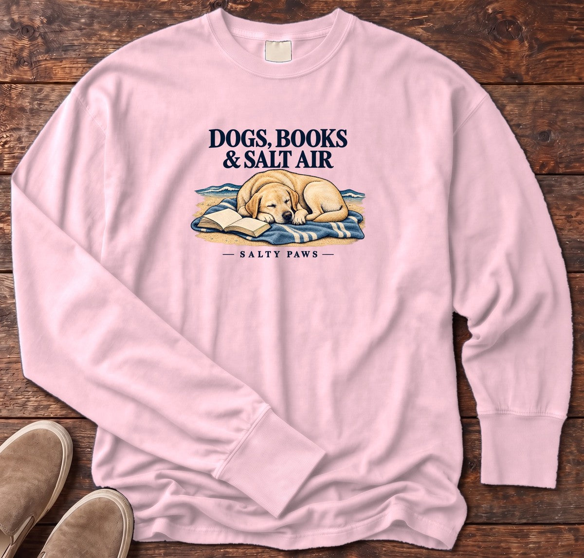 Dogs, Books & Salt Air Yellow Lab Long Sleeve Tee in Blossom, Salty Paws Comfort Colors Long Sleeve Tee, front design flat lay