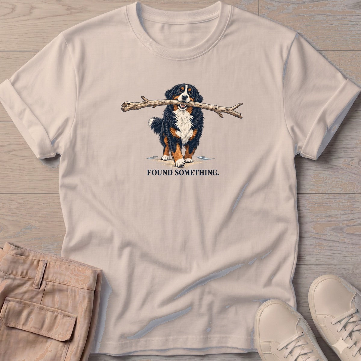 Found Something Bernese T-Shirt in Sand, Salty Paws T-Shirt, front design flat lay