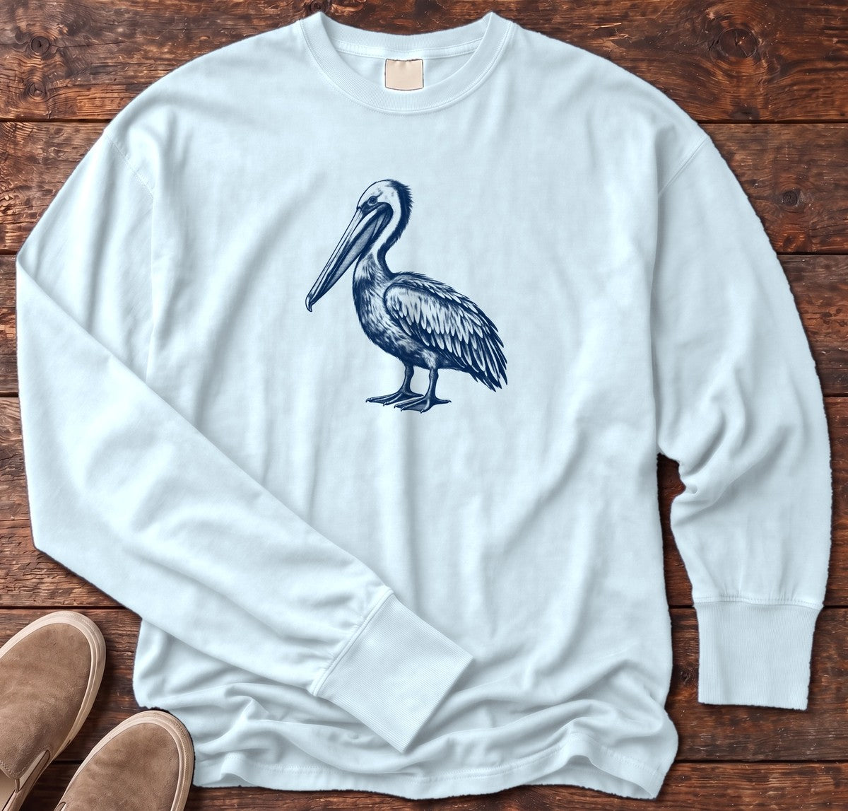 Navy Pelican Portrait Long Sleeve Tee in Chambray, Salty Paws Comfort Colors Long Sleeve Tee, front design flat lay