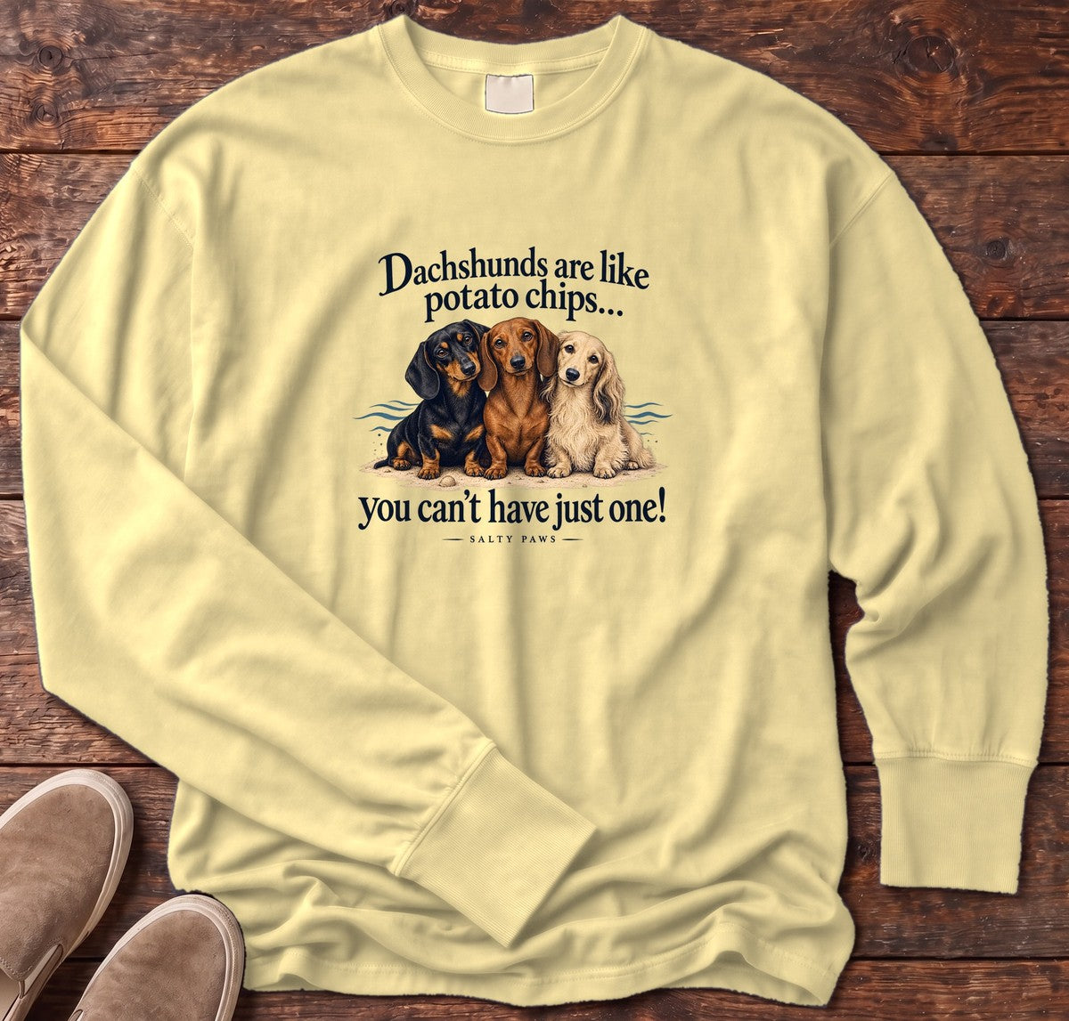 Dachshunds Are Like Potato Chips Long Sleeve Tee in Butter, Salty Paws Comfort Colors Long Sleeve Tee, front design flat lay