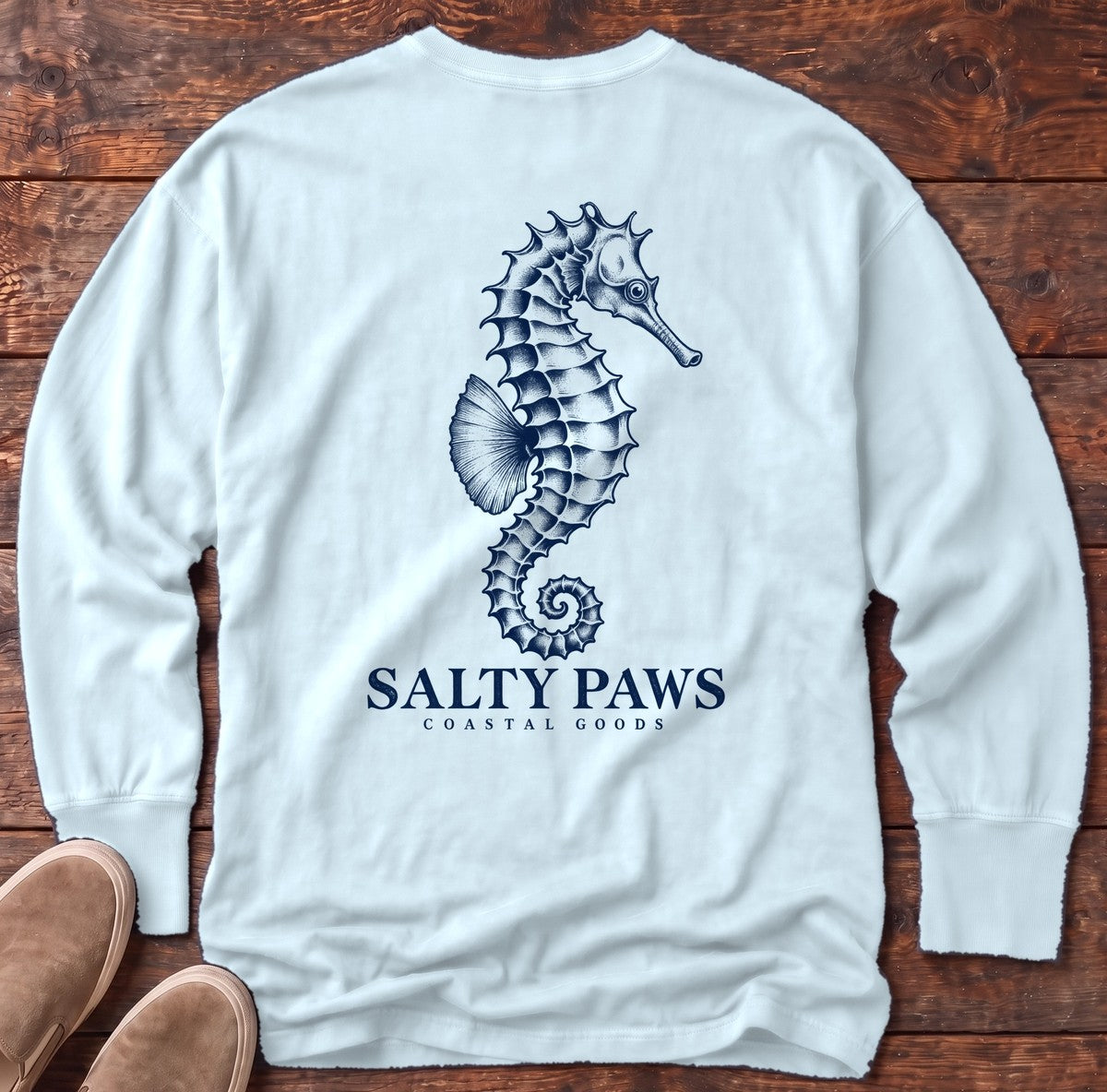 Seahorse Coastal Goods Back Design Long Sleeve Tee in Chambray, Salty Paws Comfort Colors Long Sleeve Tee, back design flat lay