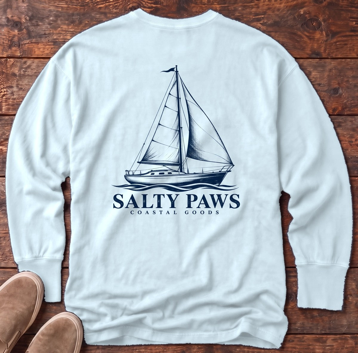 Sailboat Coastal Goods Back Design Long Sleeve Tee in Chambray, Salty Paws Comfort Colors Long Sleeve Tee, back design flat lay