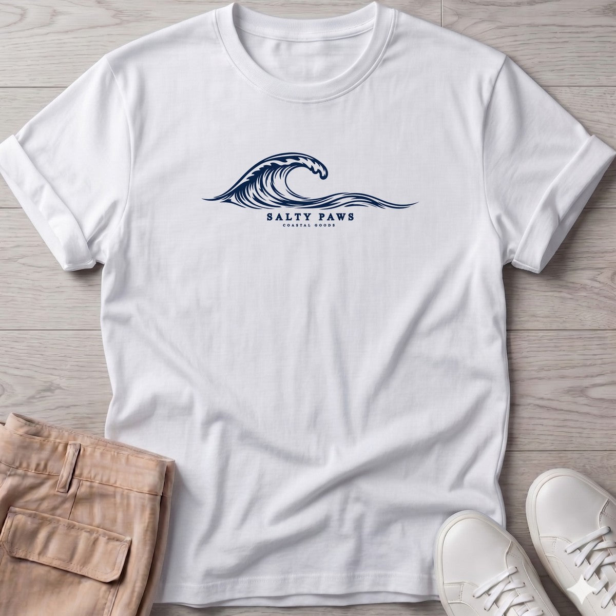 Salty Paws Coastal Wave T-Shirt in White, Salty Paws T-Shirt, front design flat lay