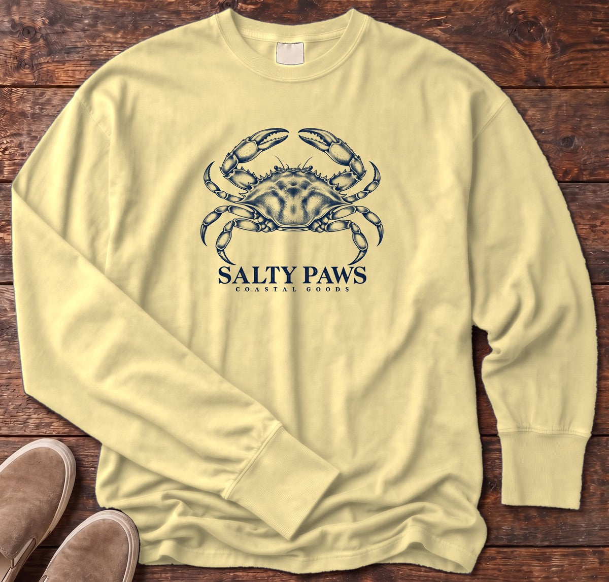 Blue Crab Coastal Goods Long Sleeve Tee in Butter, Salty Paws Comfort Colors Long Sleeve Tee, front design flat lay
