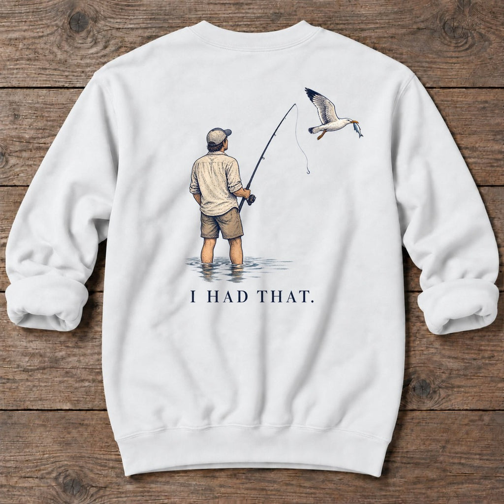 I Had That Seagull Back Design Midweight Sweatshirt in White, Salty Paws Midweight Sweatshirt, back design flat lay