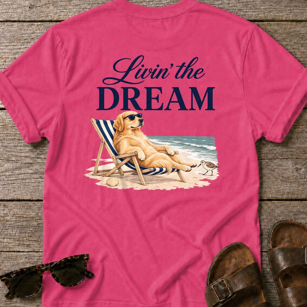 Livin' the Dream Golden Retriever Back Design T-Shirt in Heliconia, Salty Paws coastal t-shirt