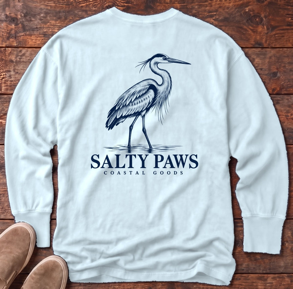 Great Blue Heron Coastal Goods Back Design Long Sleeve Tee in Chambray, Salty Paws Comfort Colors Long Sleeve Tee, back design flat lay
