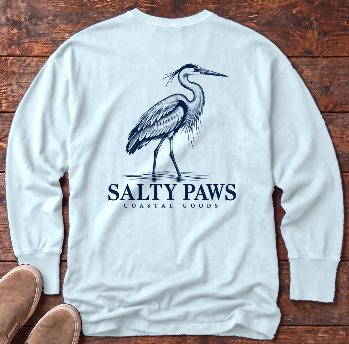 Great Blue Heron Coastal Goods Back Design Long Sleeve Tee in Chambray, Salty Paws Comfort Colors Long Sleeve Tee, back design flat lay