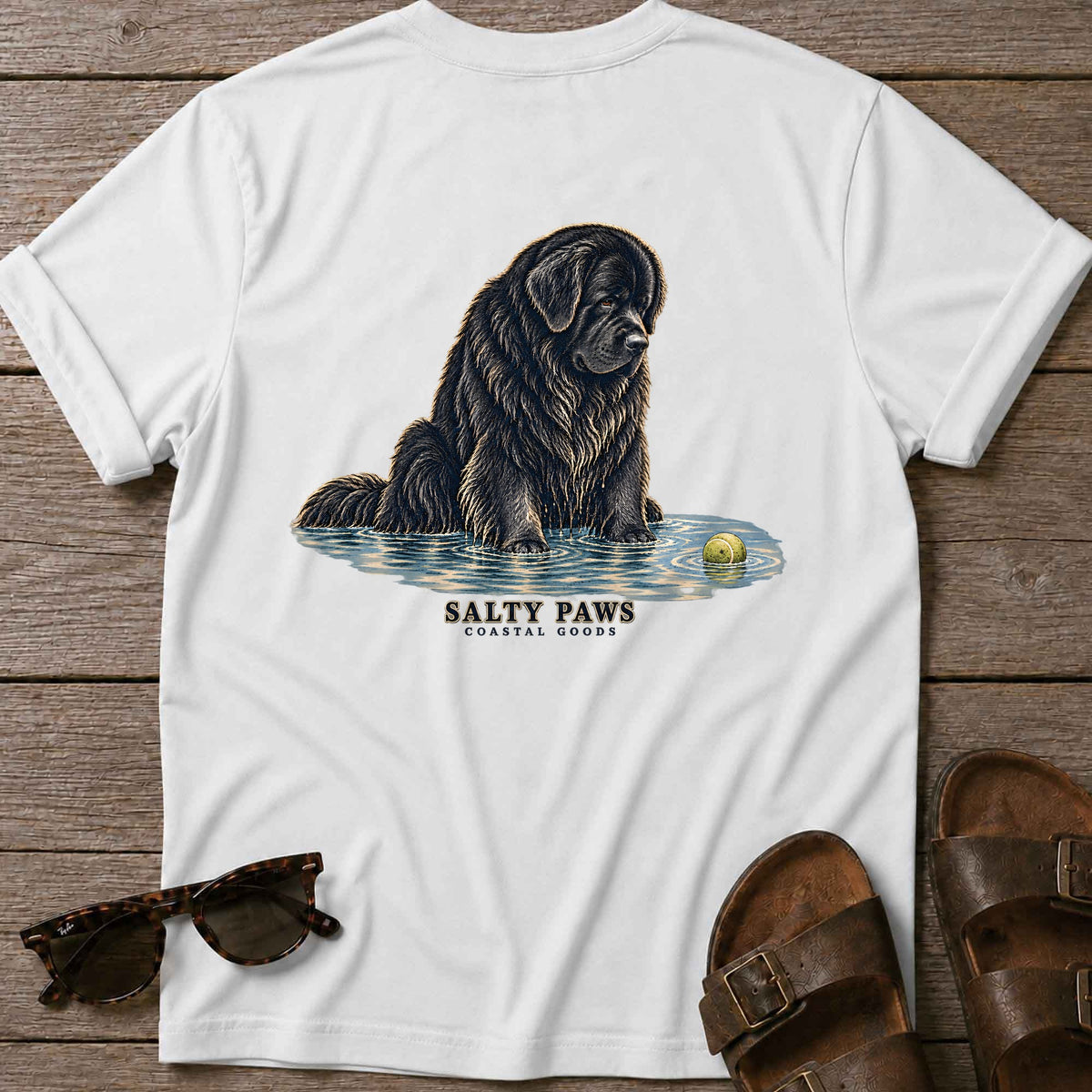 Newfoundland Ball Back Design T-Shirt in White, Salty Paws T-Shirt, back design flat lay