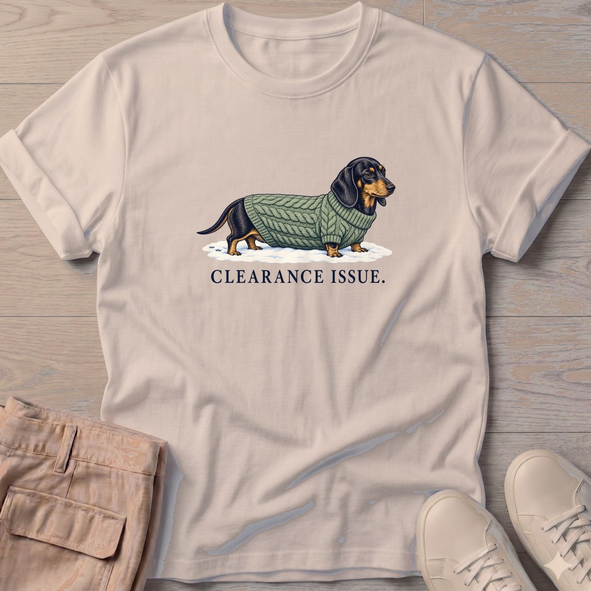 Clearance Issue Dachshund T-Shirt in Sand, Salty Paws T-Shirt, front design flat lay