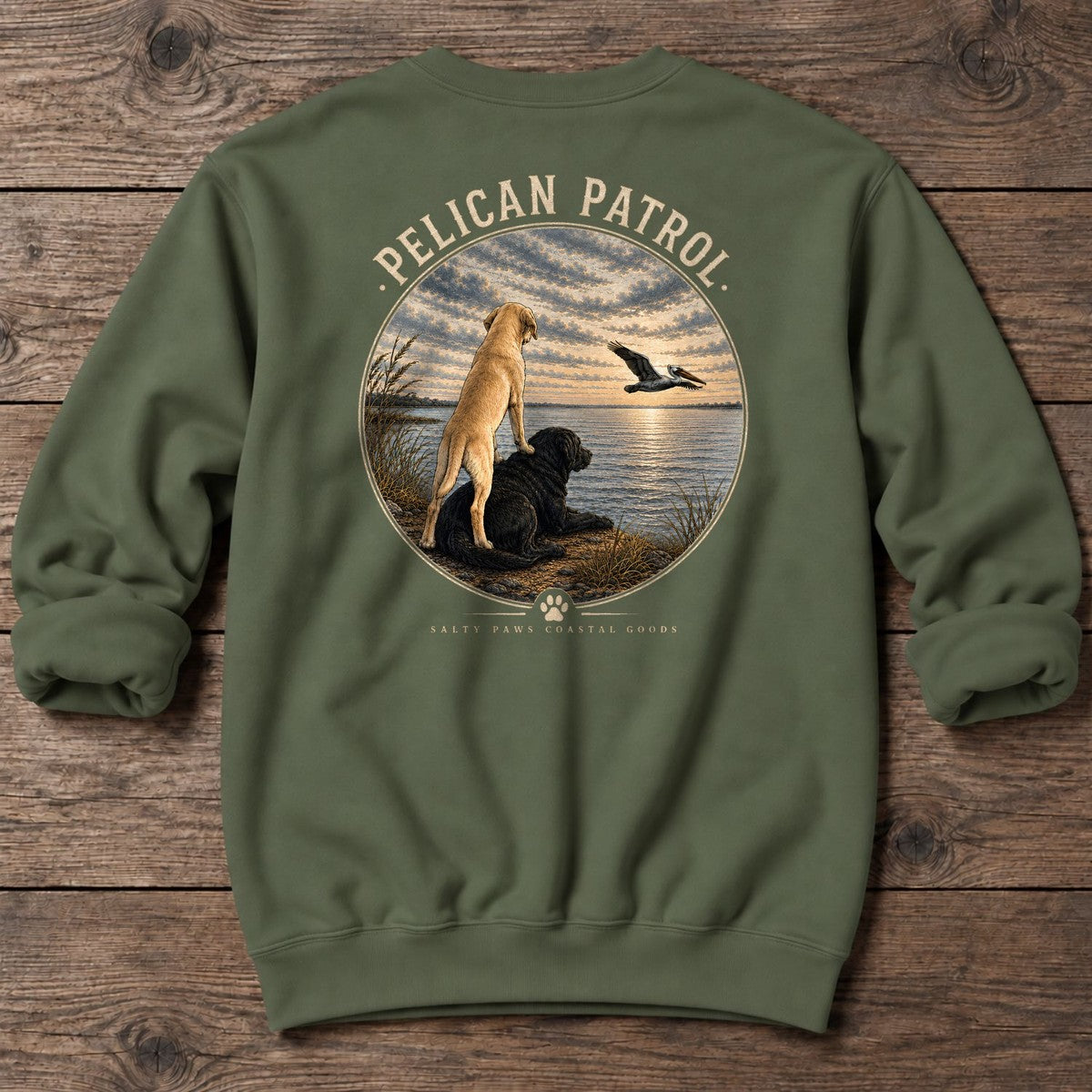 Pelican Labradors Back Design Midweight Sweatshirt in Military Green, Salty Paws coastal sweatshirt