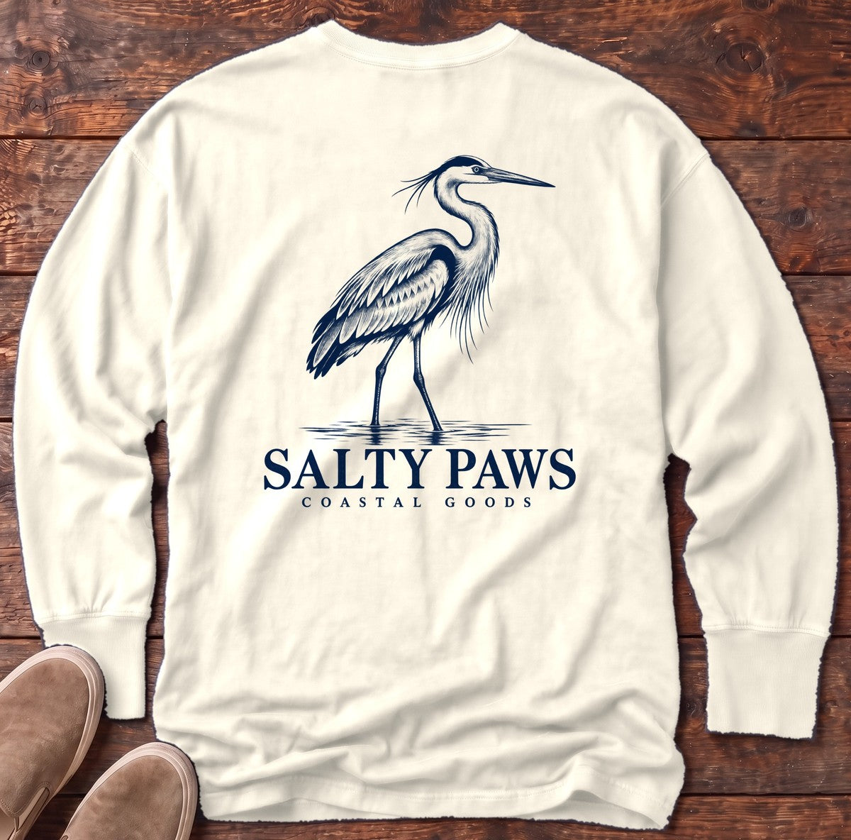 Great Blue Heron Coastal Goods Back Design Long Sleeve Tee in Ivory, Salty Paws Comfort Colors Long Sleeve Tee, back design flat lay