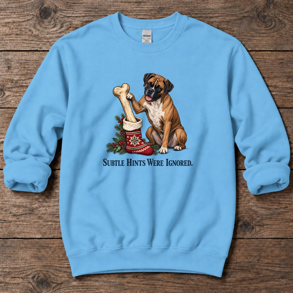 Subtle Hints Were Ignored Boxer Midweight Sweatshirt in Sky, Salty Paws Midweight Sweatshirt, front design flat lay