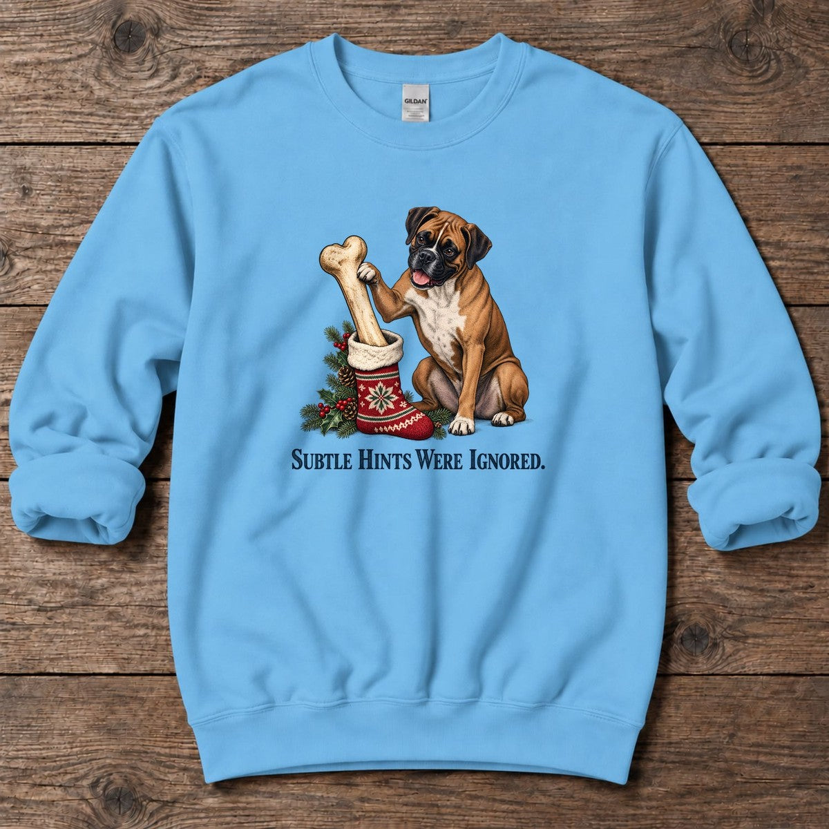 Subtle Hints Were Ignored Boxer Midweight Sweatshirt in Sky, Salty Paws Midweight Sweatshirt, front design flat lay