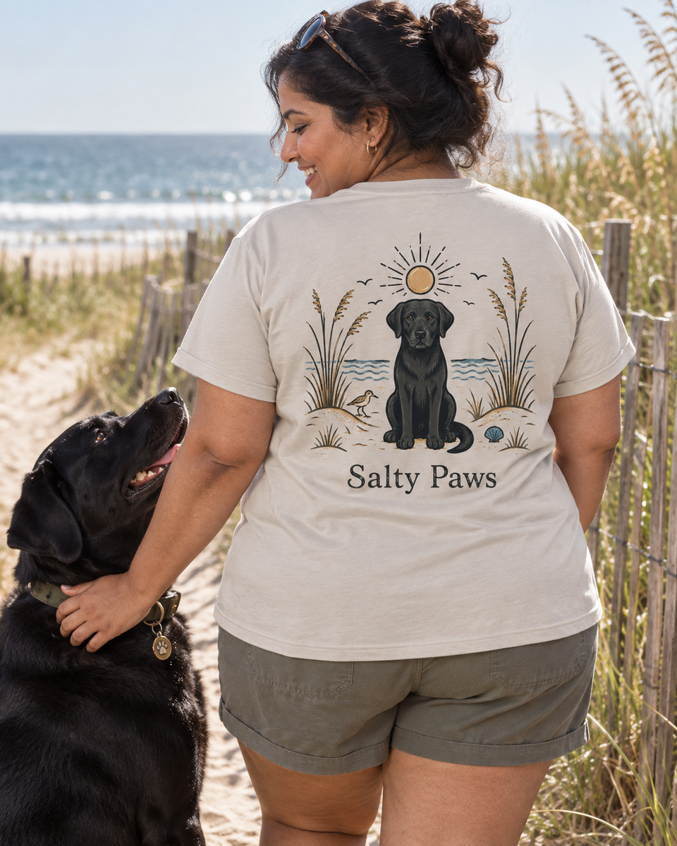 Black Lab Sunshine back design tee in Sand, worn