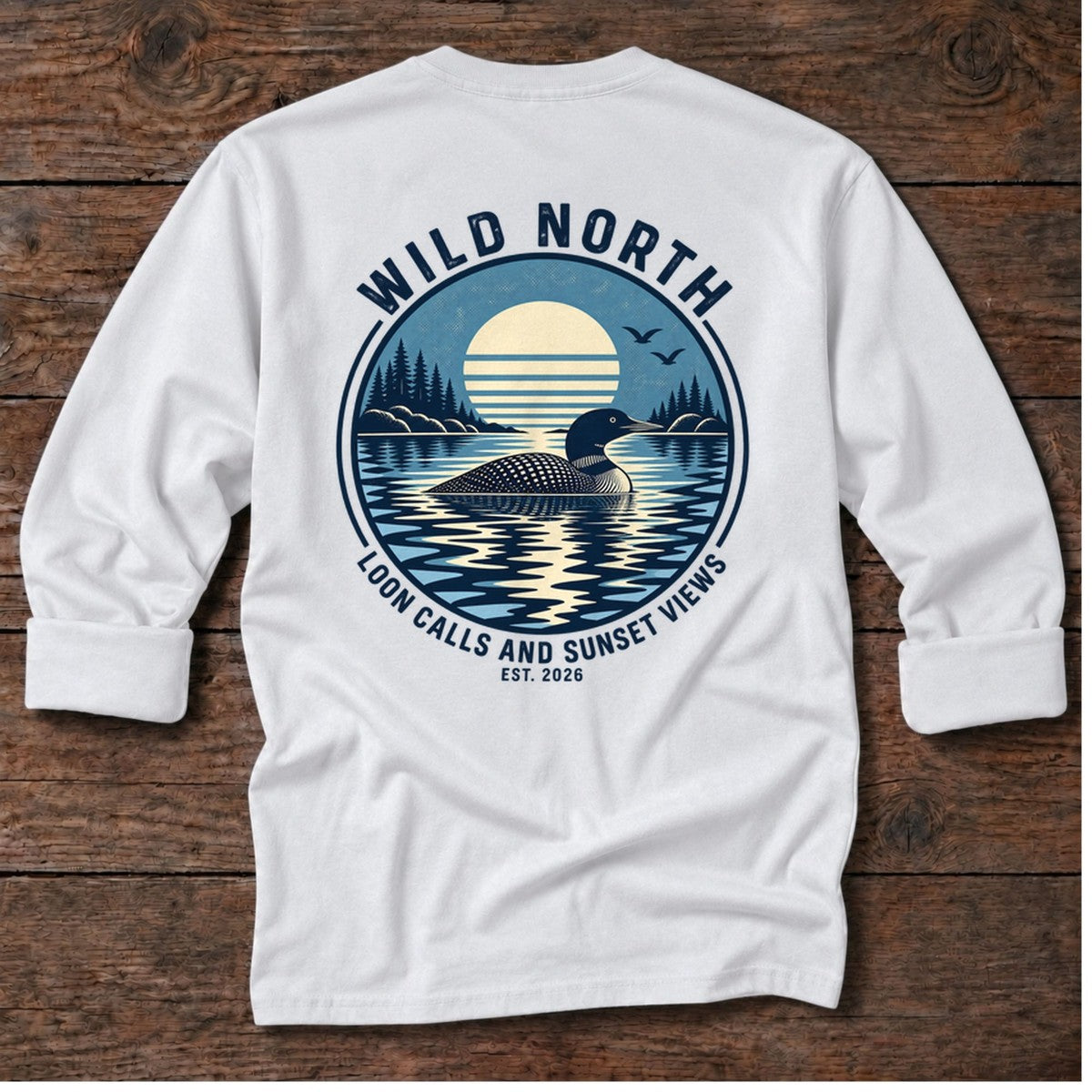 Wild North Loon Back Design Long Sleeve Tee in White, Salty Paws coastal tee