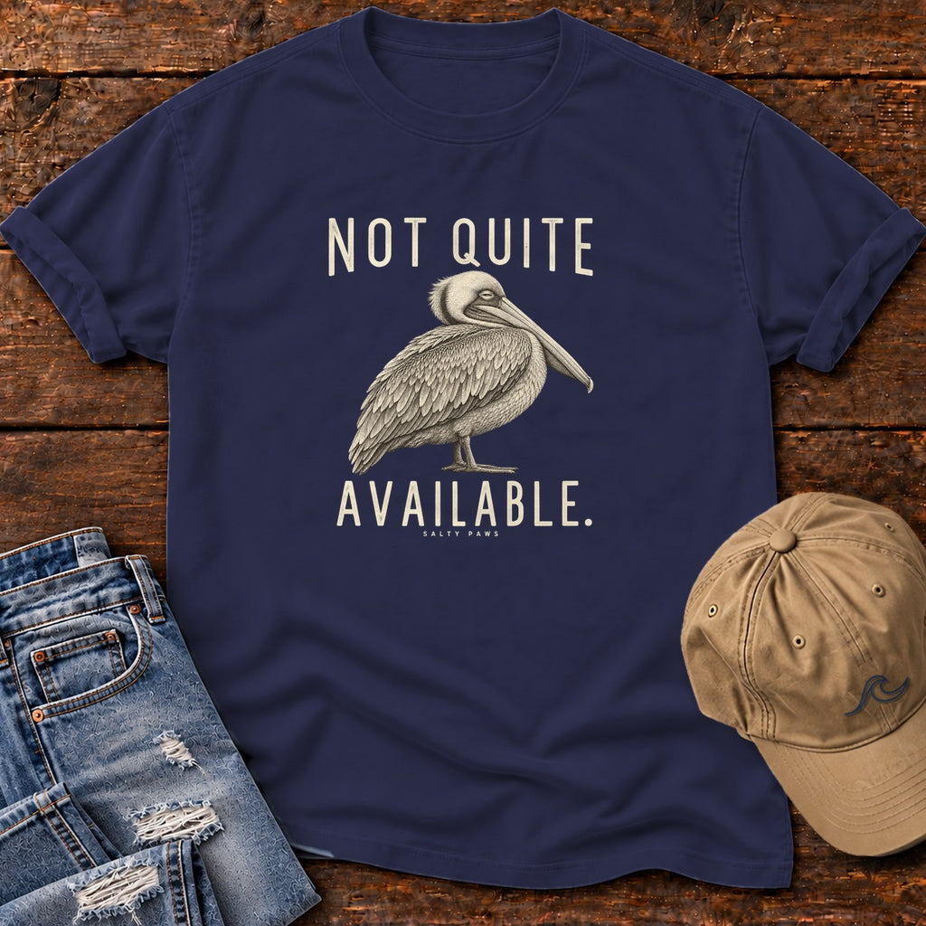 Not Quite Available Pelican T-Shirt in True Navy, Salty Paws Comfort Colors T-Shirt, front design flat lay