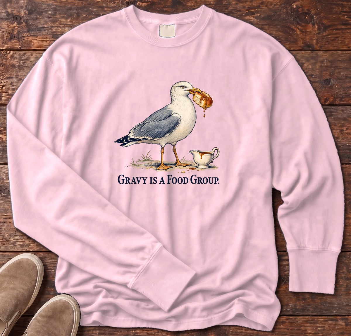 Gravy Is a Food Group Seagull Long Sleeve Tee in Blossom, Salty Paws Comfort Colors Long Sleeve Tee, front design flat lay