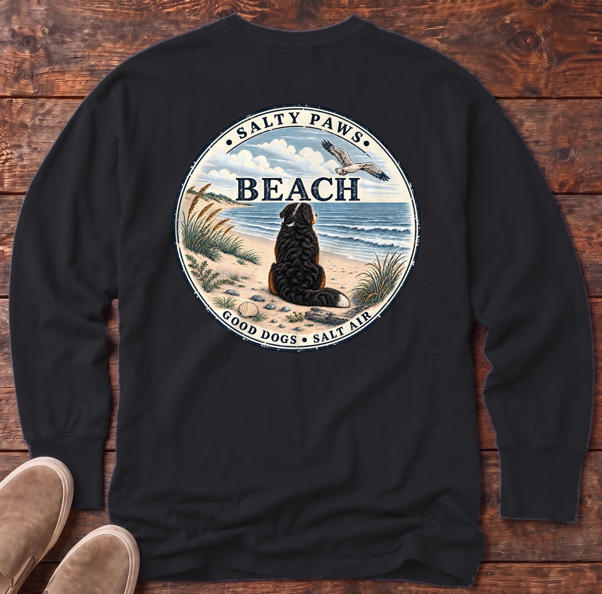 Salty Paws Beach Bernese Back Design Long Sleeve Tee in Black, Salty Paws Comfort Colors long sleeve tee