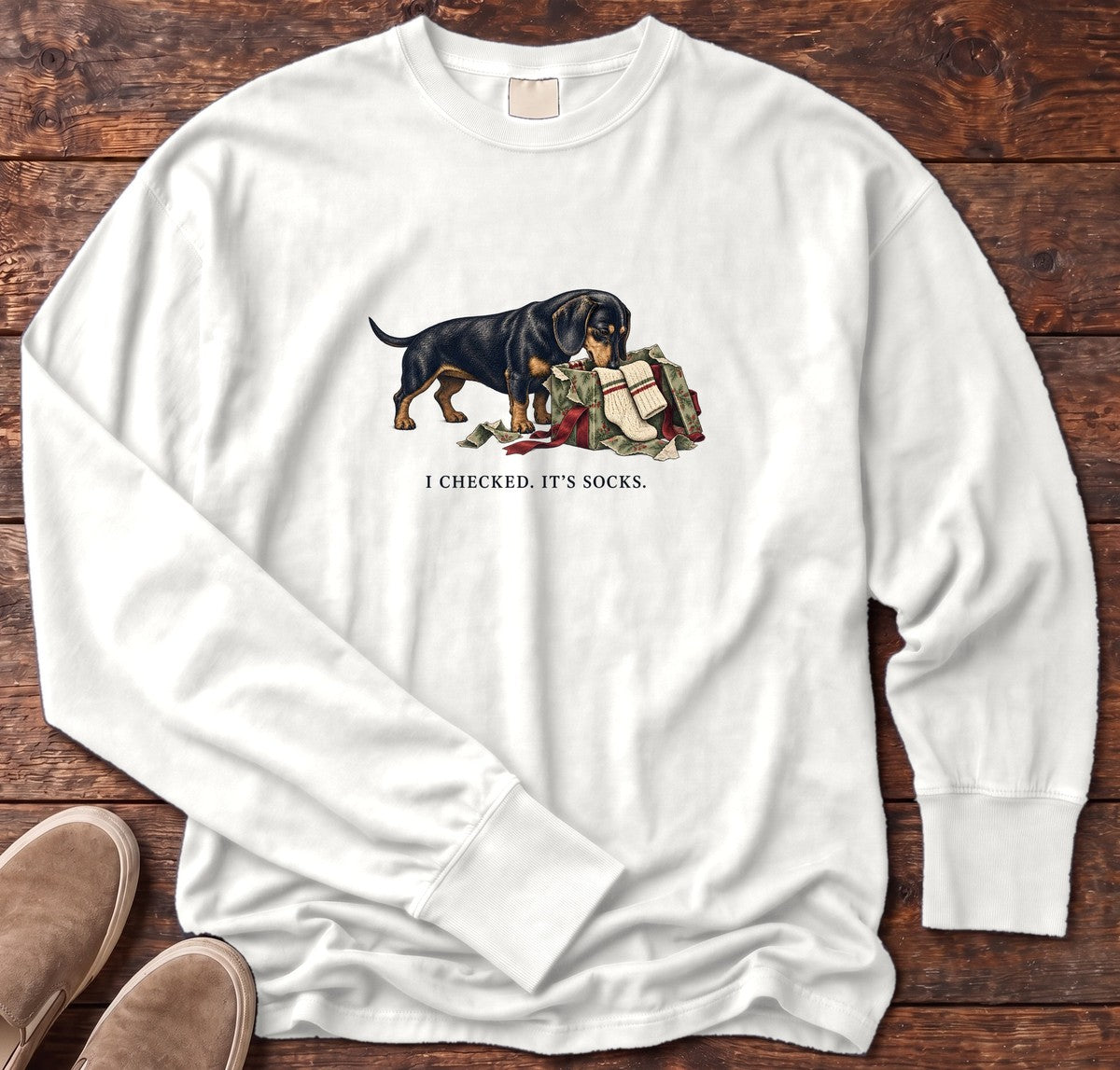 I Checked It's Socks Dachshund Long Sleeve Tee in White, Salty Paws Comfort Colors Long Sleeve Tee, front design flat lay