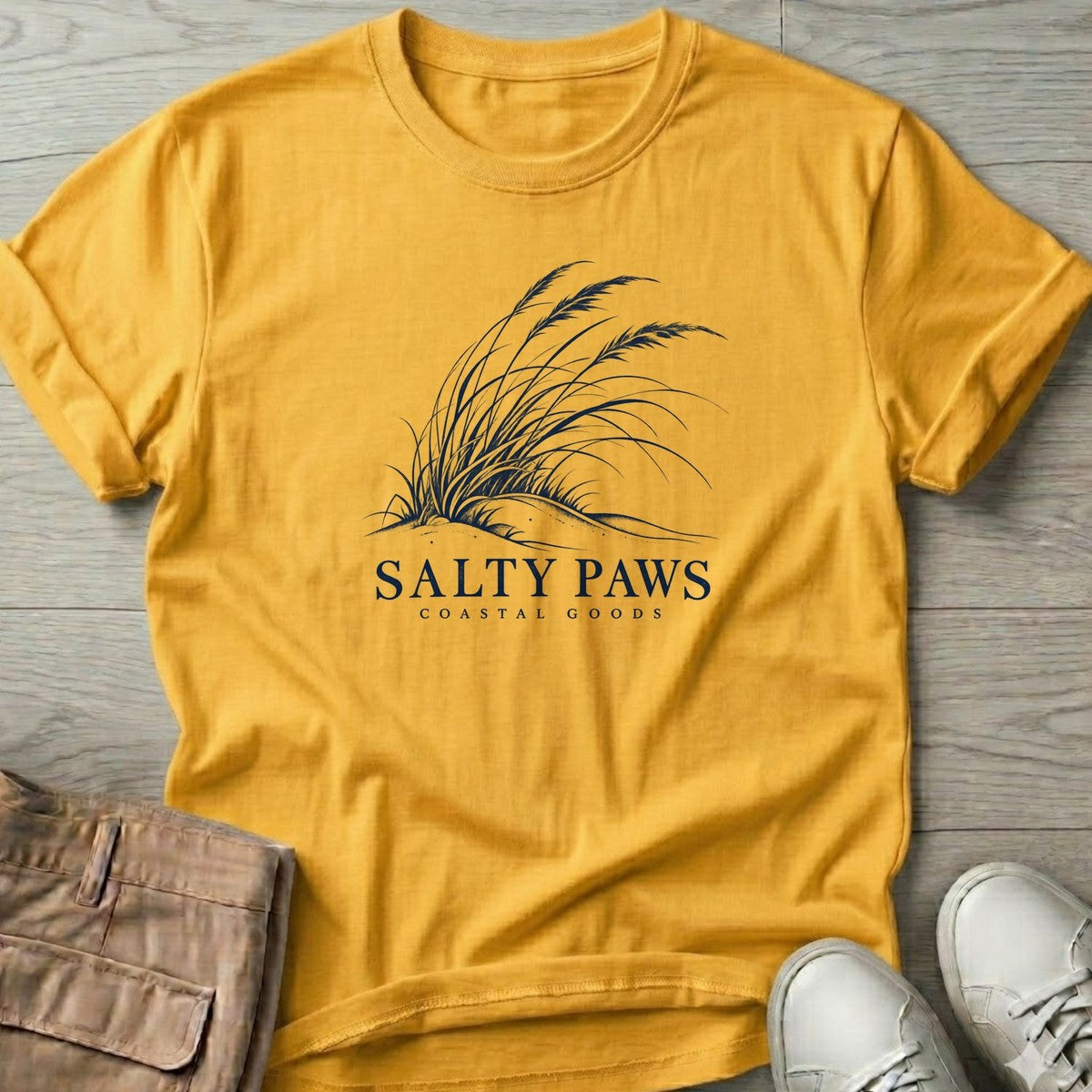 Salty Paws Dune Grass T-Shirt in Daisy, Salty Paws T-Shirt, front design flat lay