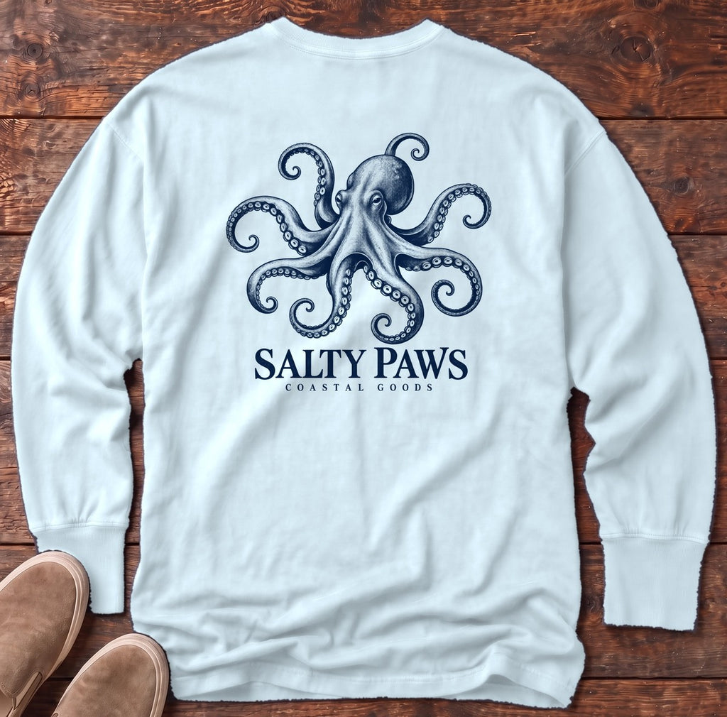 Octopus Coastal Goods Back Design Long Sleeve Tee in Chambray, Salty Paws Comfort Colors Long Sleeve Tee, back design flat lay