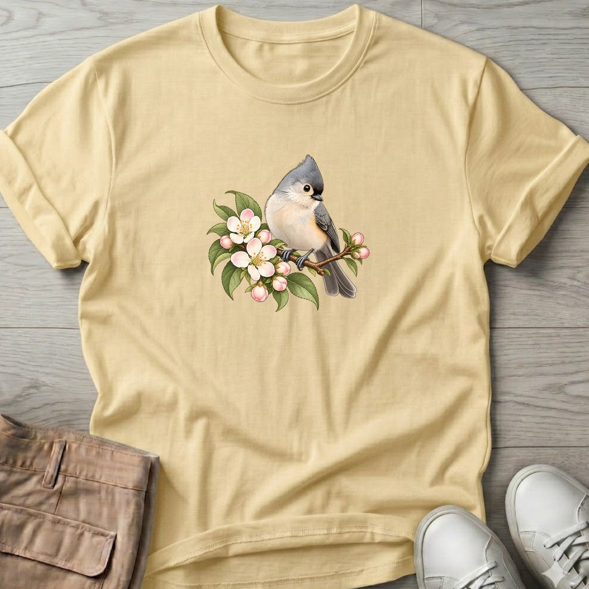Tufted Titmouse Blossom T-Shirt in Cornsilk, Salty Paws coastal t-shirt