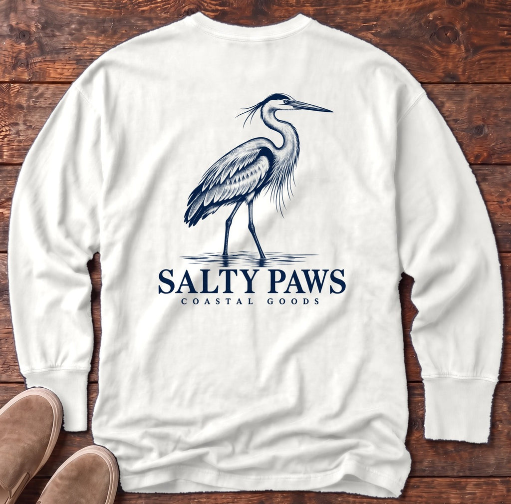 Great Blue Heron Coastal Goods Back Design Long Sleeve Tee in White, Salty Paws Comfort Colors Long Sleeve Tee, back design flat lay