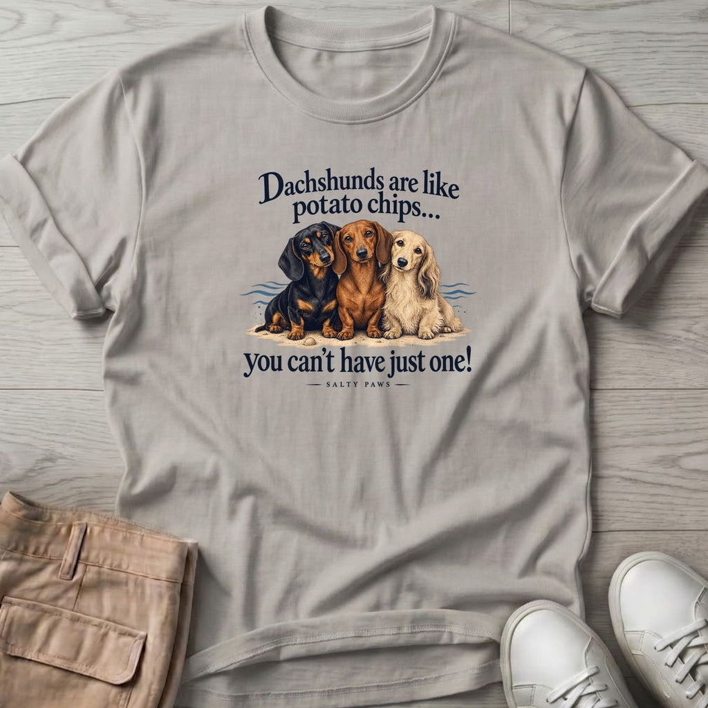 Three Dachshunds Potato Chips T-Shirt in Ice Grey, Salty Paws T-Shirt, front design flat lay