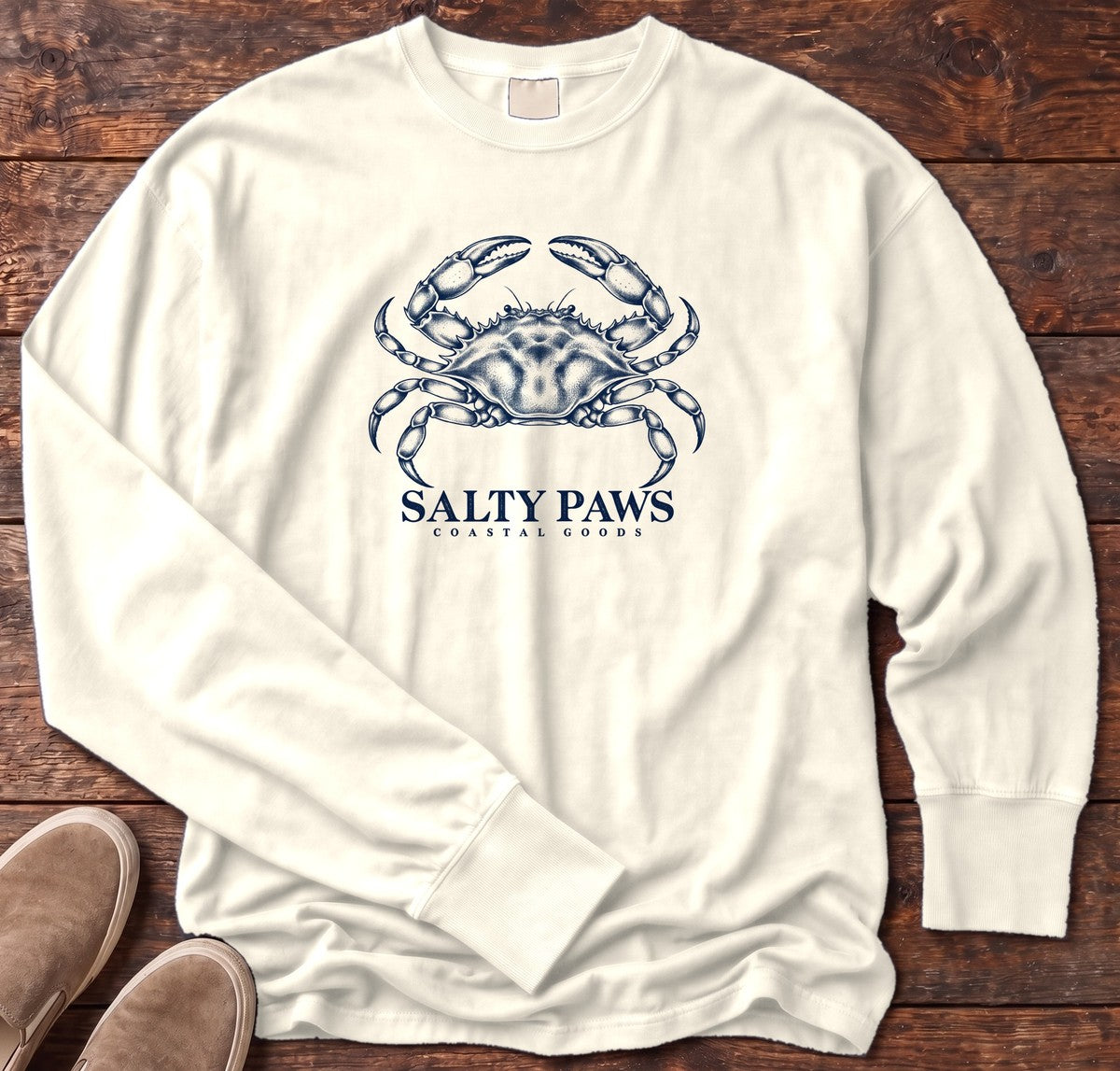 Blue Crab Coastal Goods Long Sleeve Tee in Ivory, Salty Paws Comfort Colors Long Sleeve Tee, front design flat lay