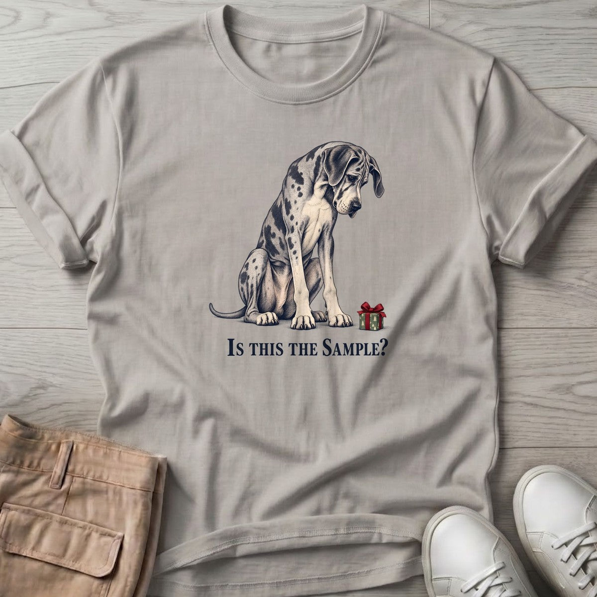 Is This the Sample Great Dane T-Shirt in Ice Grey, Salty Paws T-Shirt, front design flat lay