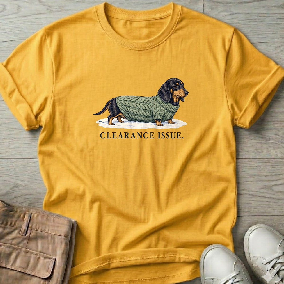 Clearance Issue Dachshund T-Shirt in Daisy, Salty Paws T-Shirt, front design flat lay