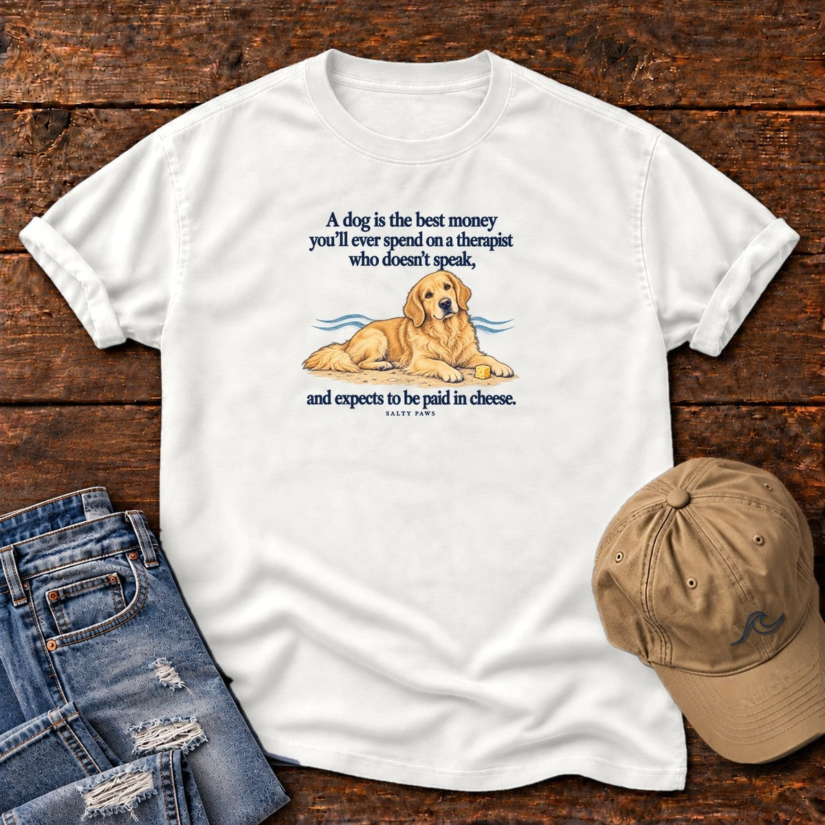 Paid in Cheese Golden Retriever T-Shirt in White, Salty Paws Comfort Colors T-Shirt, front design flat lay