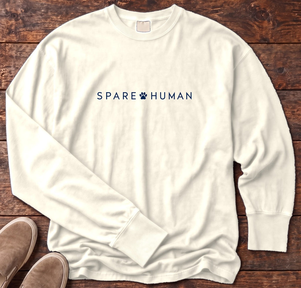 Spare Human Long Sleeve Tee in Ivory, Salty Paws Comfort Colors Long Sleeve Tee, front design flat lay