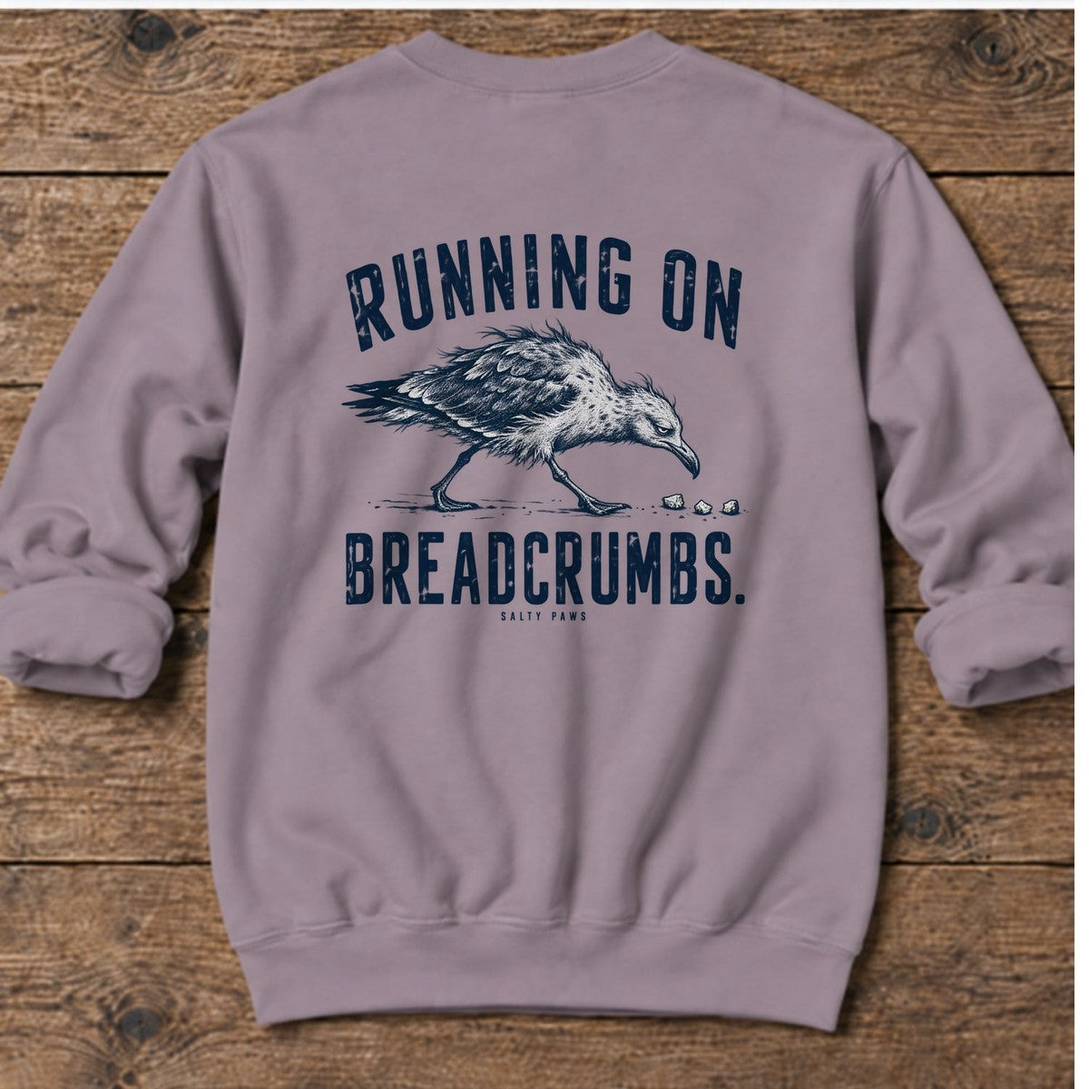 Running on Breadcrumbs Seagull Back Design Midweight Sweatshirt in Paragon, Salty Paws Midweight Sweatshirt, back design flat lay