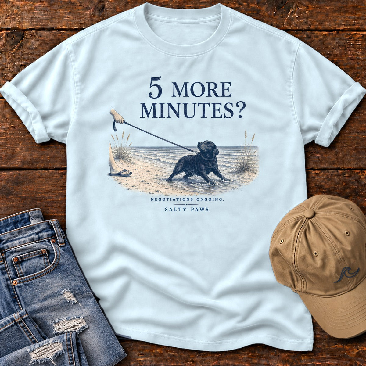 5 More Minutes? Labrador Comfort Colors T-Shirt in Chambray, front design flat lay