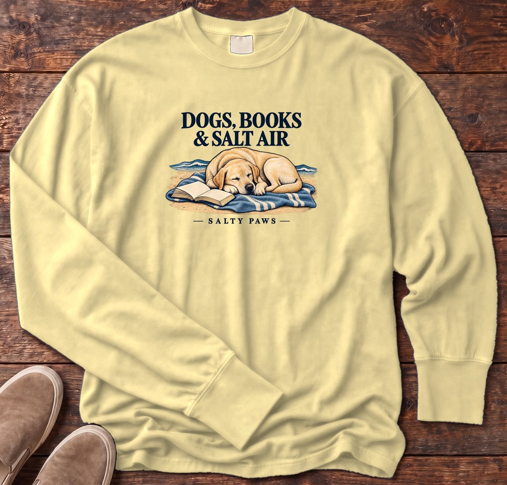 Dogs, Books & Salt Air Yellow Lab Long Sleeve Tee in Butter, Salty Paws Comfort Colors Long Sleeve Tee, front design flat lay