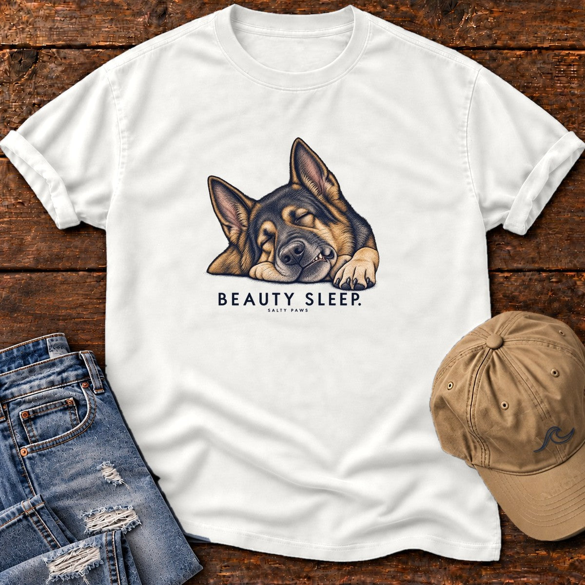 Beauty Sleep German Shepherd T-Shirt in White, Salty Paws Comfort Colors T-Shirt, front design flat lay