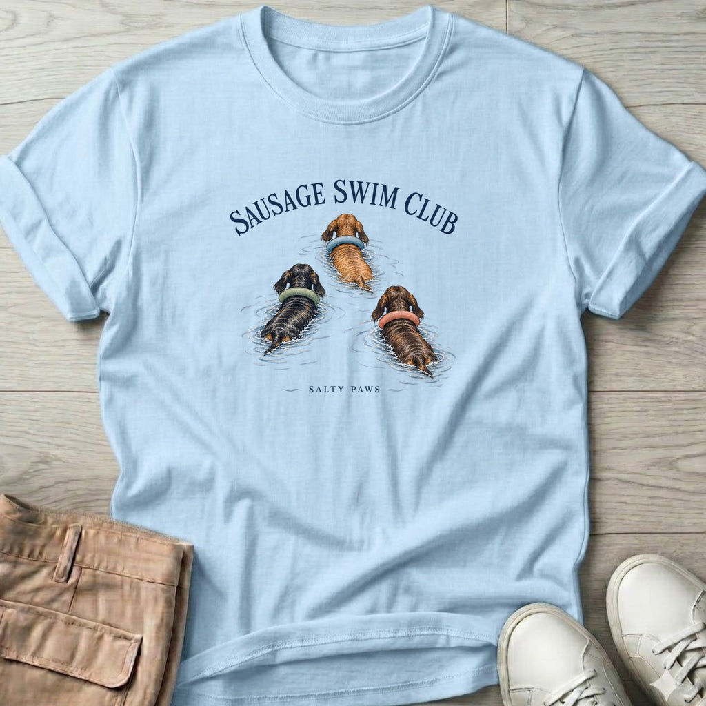 Sausage Swim Club Dachshund Trio T-Shirt in Light Blue, Salty Paws T-Shirt, front design flat lay
