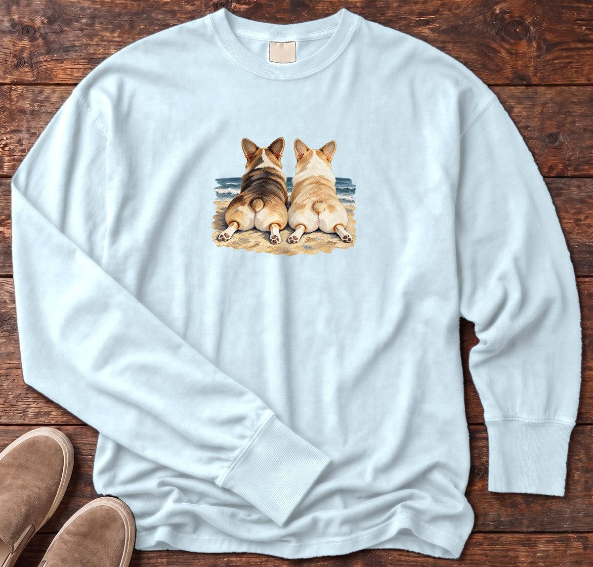 Two Corgis at the Ocean Long Sleeve Tee in Chambray, Salty Paws Comfort Colors Long Sleeve Tee, front design flat lay
