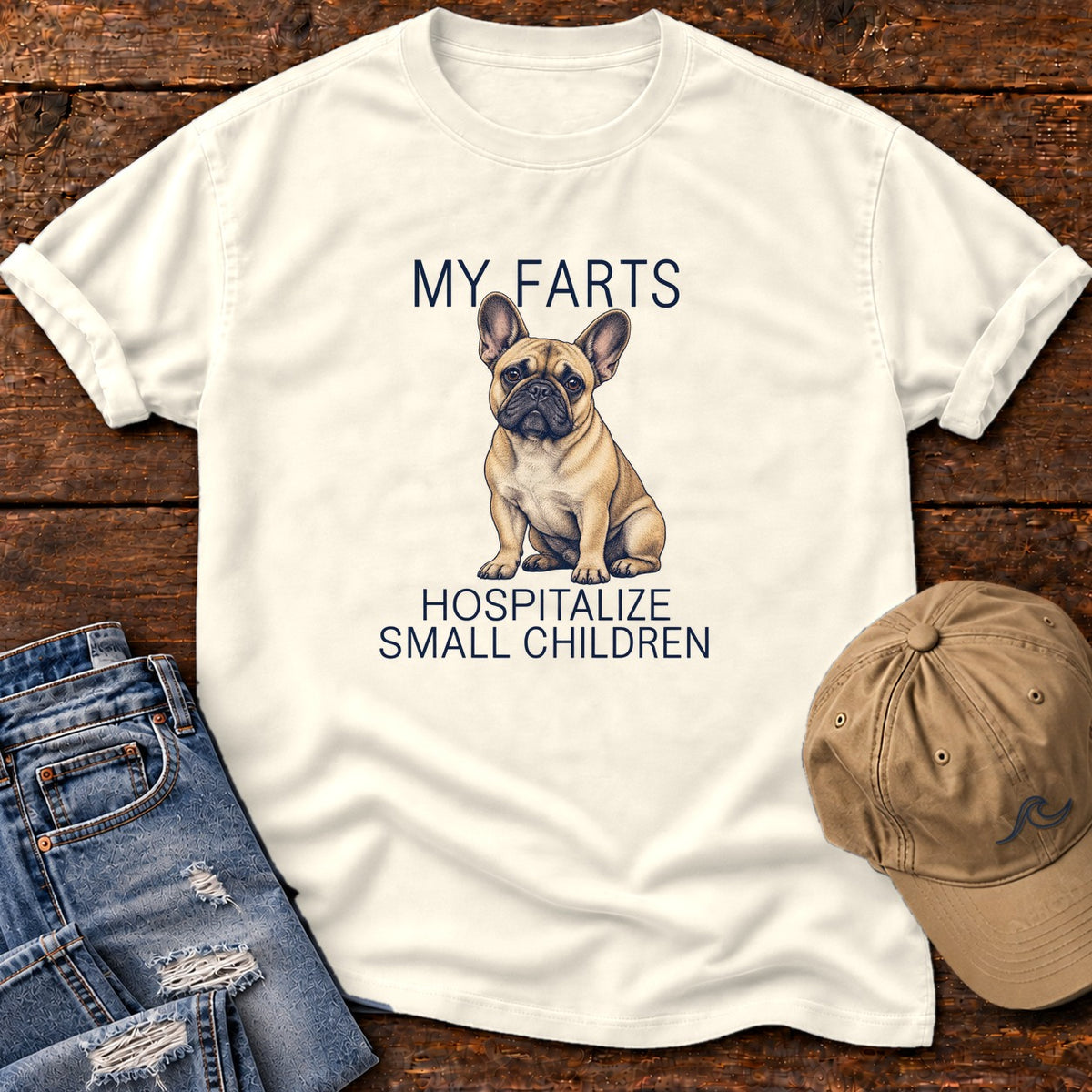 My Farts Hospitalize Small Children Frenchie T-Shirt in Ivory, Salty Paws Comfort Colors T-Shirt, front design flat lay