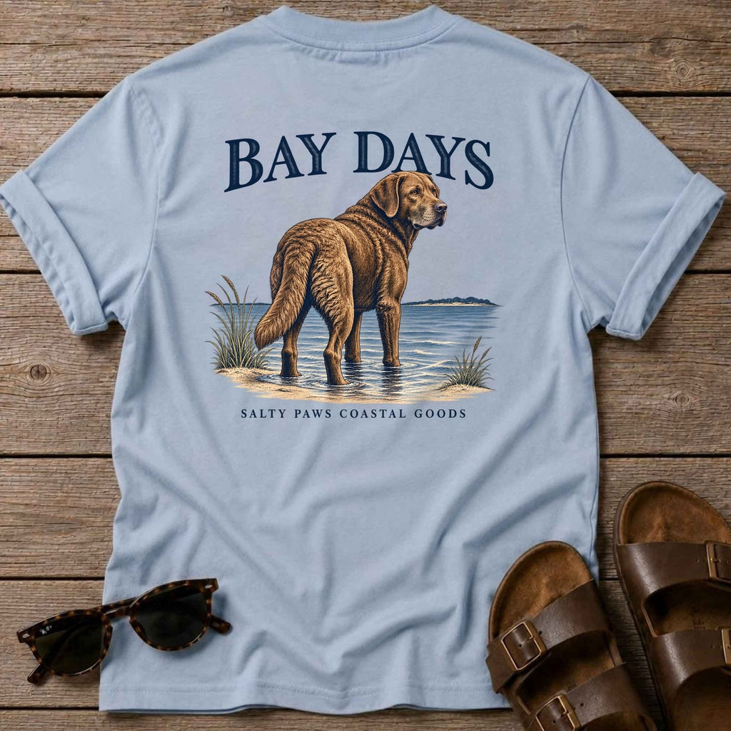 Bay Days Chesapeake Bay Retriever Back Design T-Shirt in Light Blue, Salty Paws coastal t-shirt