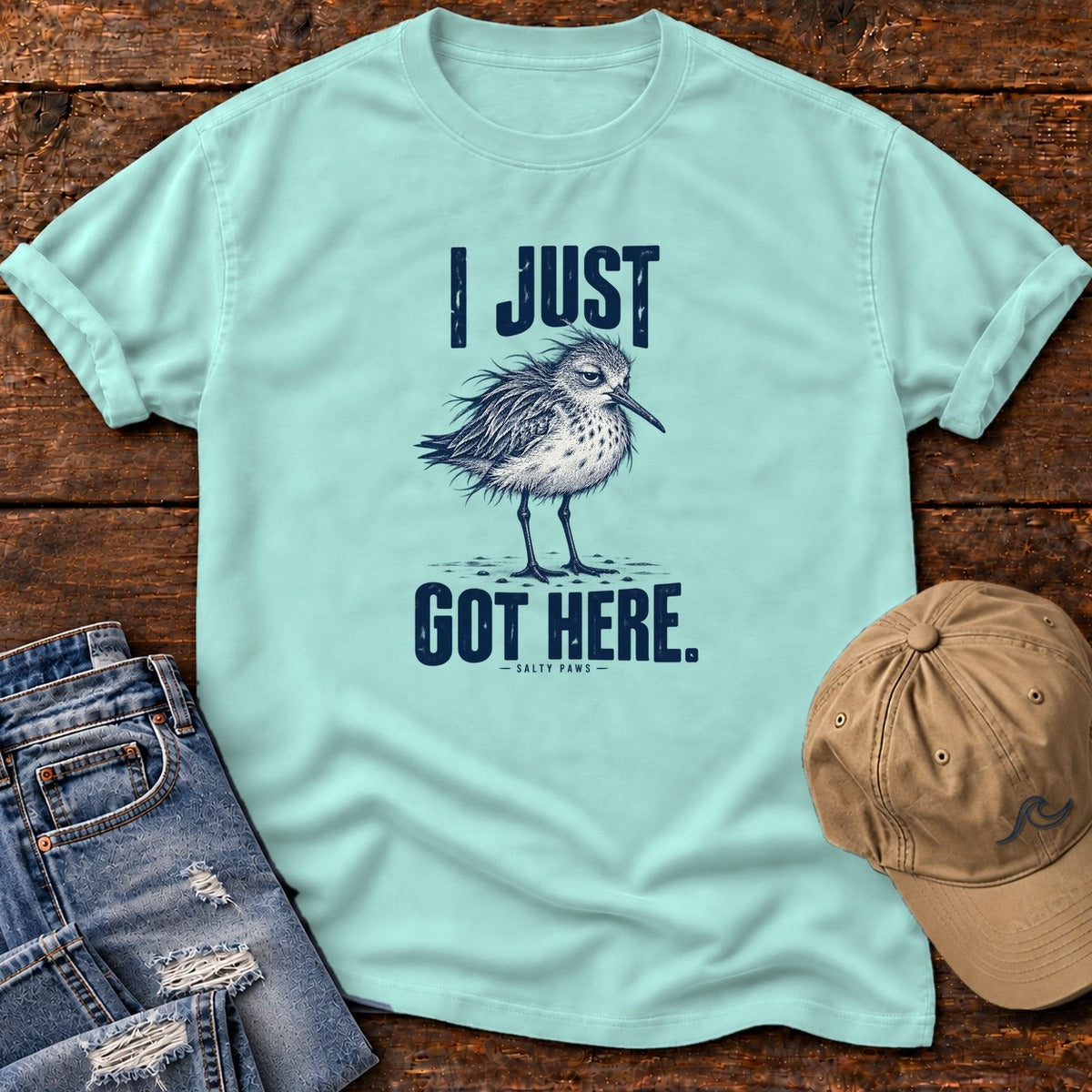 I Just Got Here Sandpiper T-Shirt in Chalky Mint, Salty Paws Comfort Colors T-Shirt, front design flat lay